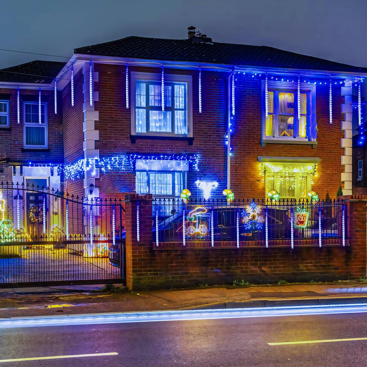 JMEXSUSS 2 Pack Solar Meteor Shower Lights, Blue Meteor Cascading Rain Lights, Waterproof for Tree/Garden Party Christmas Decor - 16 Tubes, 288 LED