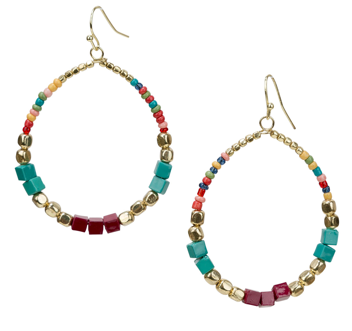 SPUNKYsoul presents "Zura" Bohemian Multi-Colored Cube Beaded Hoop Earrings for Women (Teal/Red/Cube)