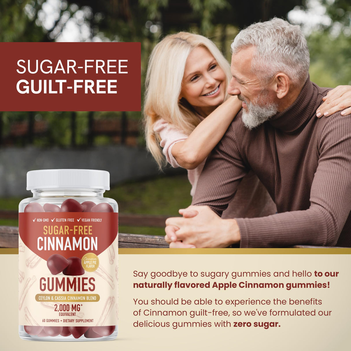 Sugar-Free Cinnamon Gummies 2000MG with Ceylon Cinnamon & Cassia Complex | Sugar-Free Lifestyle Supplement & Guilt-Free Apple Pie Flavor with Chromium | Vegan, Non-GMO, Gluten-Free | 60 Gummies