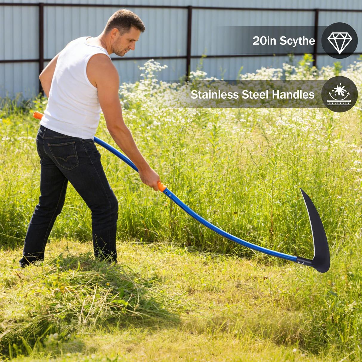 20'' Scythe Tool for Grass Cutting, Unique Curved Stainless Steel Pole, Adjustable Dual-hand Grip, Professional-Grade Blade, for Clearing Bushes, Vines, Fields, Ditches, Paths, Landscaping, 61in.