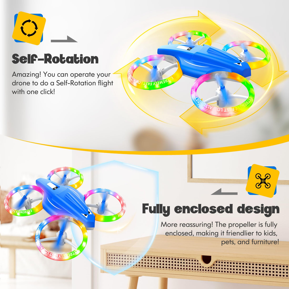 ALTITACO Drones for Kids With Cool Light, Kids Drone with 3D Flip, Altitude-Hold, Self-Rotation, Headless Mode, 3 Speed Modes, One-Click Take-off/Landing, Mini Drone for Christmas, Beginners, Indoor
