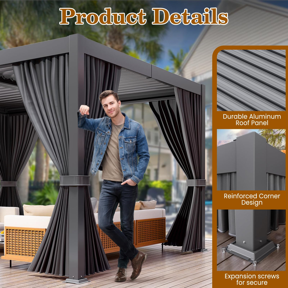 LEVELEVE 10' x 20' Louvered Pergola with Adjustable Roof, Outdoor Metal Patio Gazebo with Curtains & Netting, Gutter System, Large Hardtop Canopy for Garden, Deck, Backyard