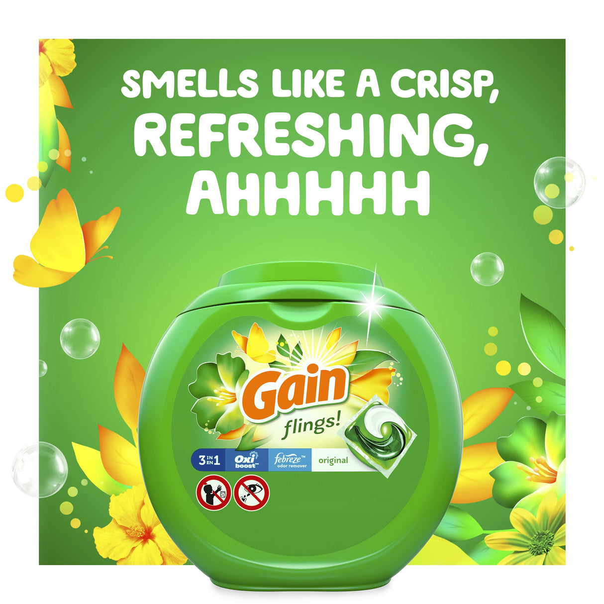 Gain flings! Liquid Laundry Detergent Soap Pacs, HE Compatible, 3 Bag Value Pack, 111 Count, Long Lasting Scent, Original Scent