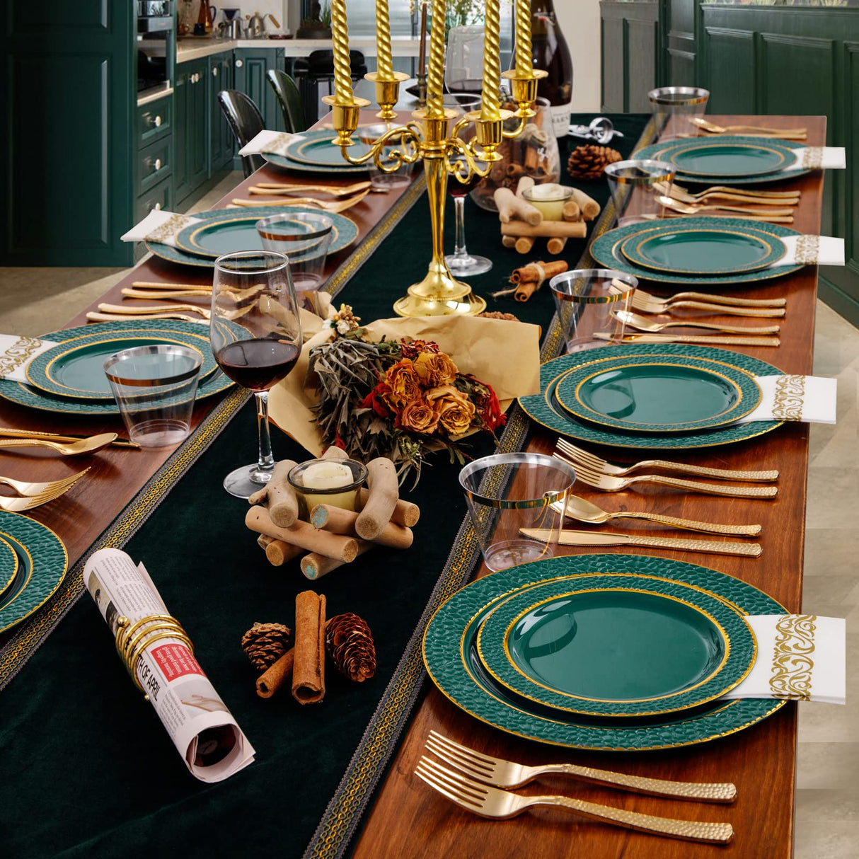 FLOWERCAT 175PCS Marrs Green Plastic Plates with Gold Rim&Christmas Plates&Green and Gold plastic Plates&Gold Plastic Silverware - Ideal for Wedding,Spring Party,St. Patrick's Day