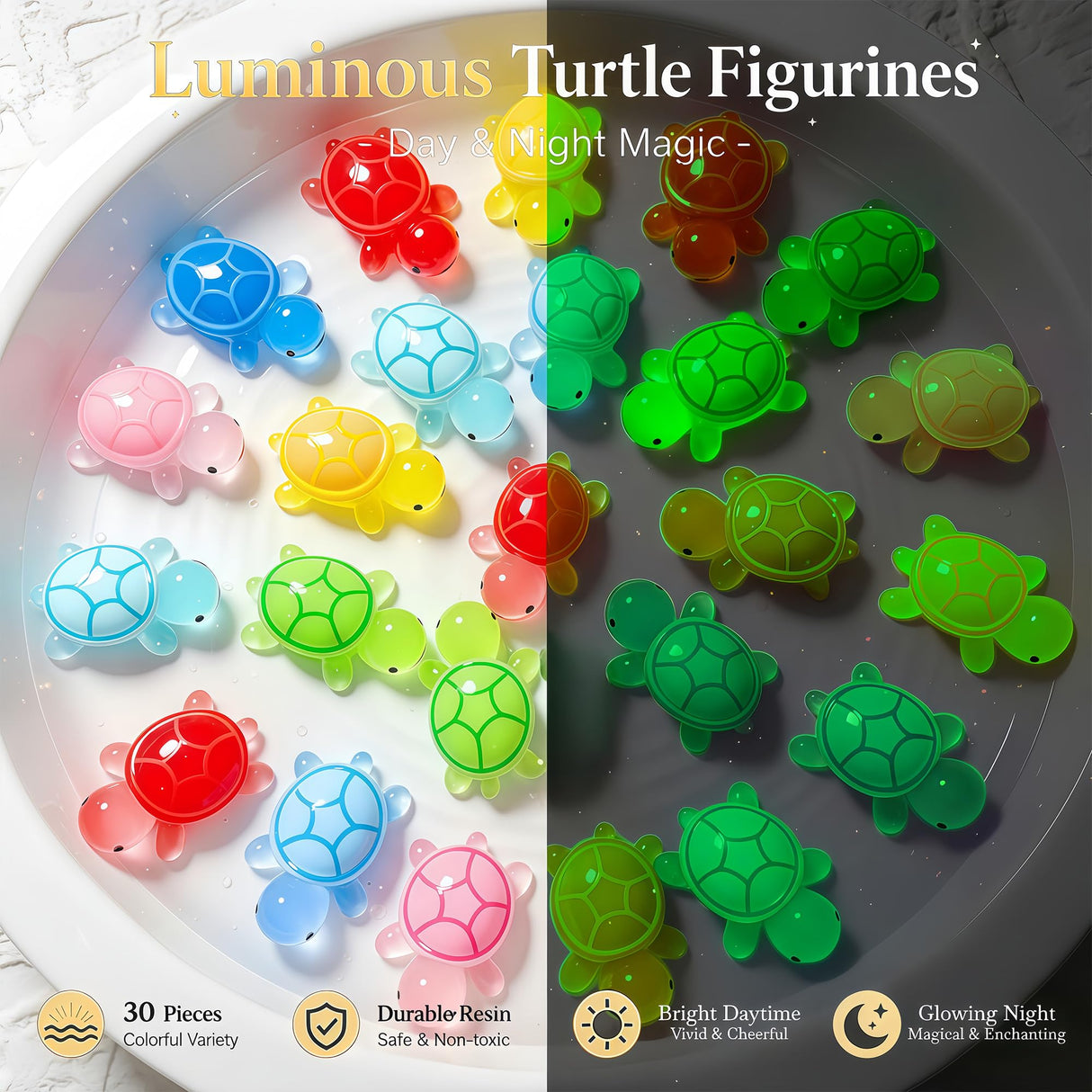 LIFCIUSO 30 Pcs Medium Glow in The Dark 3D Resin Turtles Miniature Garden Figurines,Accessories for Decorating DIY Dollhouse Fish Tank Fridge Wall Art, Safe, Durable, Non Fading