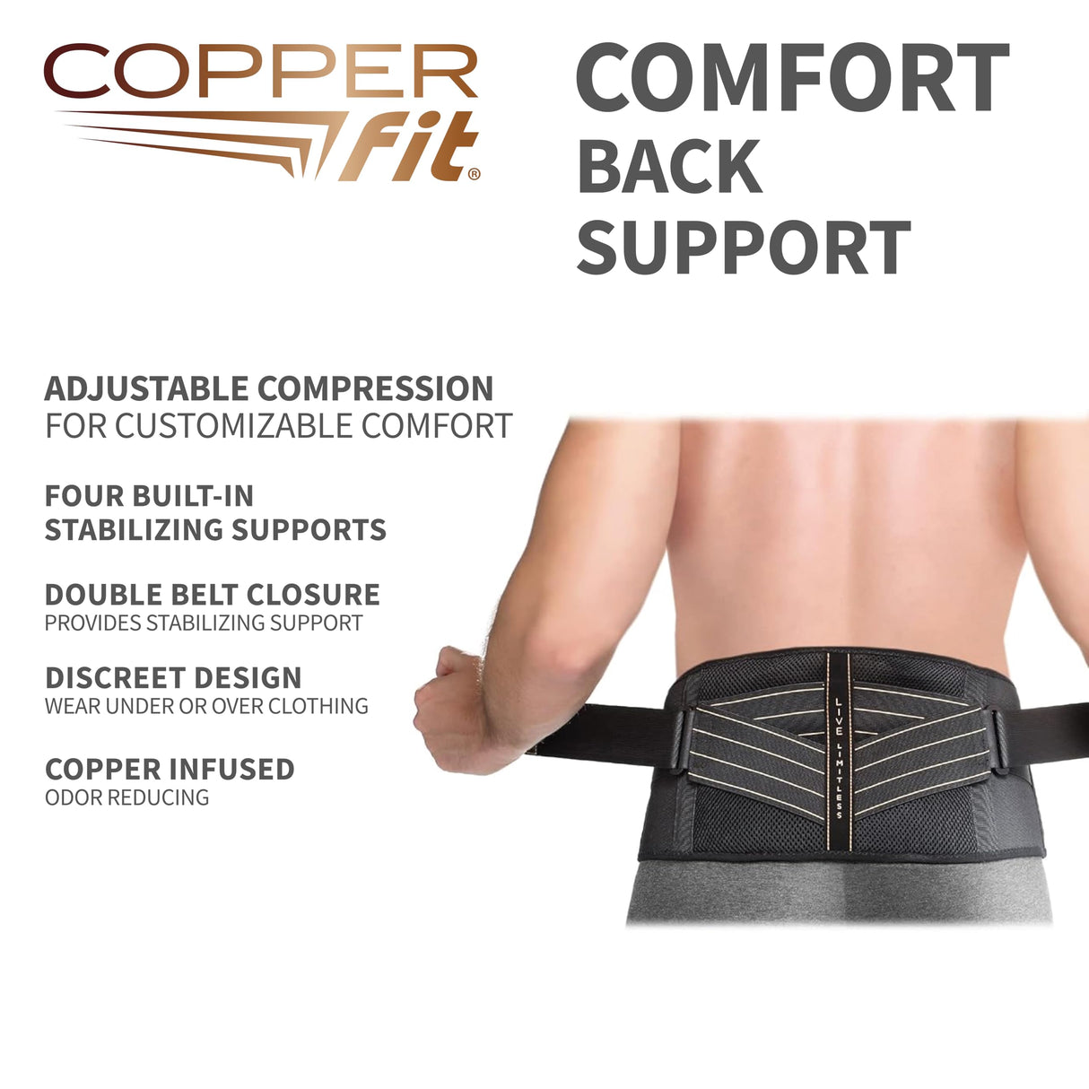 Copper Fit Comfort Compression Lower Back Lumbar Support Brace with Dual Adjustable Support Straps – All Day Comfort – For Men and Women Small-Medium