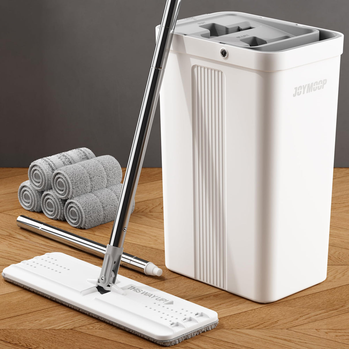 JOYMOOP Mop and Bucket with Wringer Set, White Flat Squeeze Mop Bucket Set for Floor Cleaning, Wet Dry Mops for Walls, Wall Cleaner with Long Handle, Hardwood Floor Mop-5 Microfiber Cloths