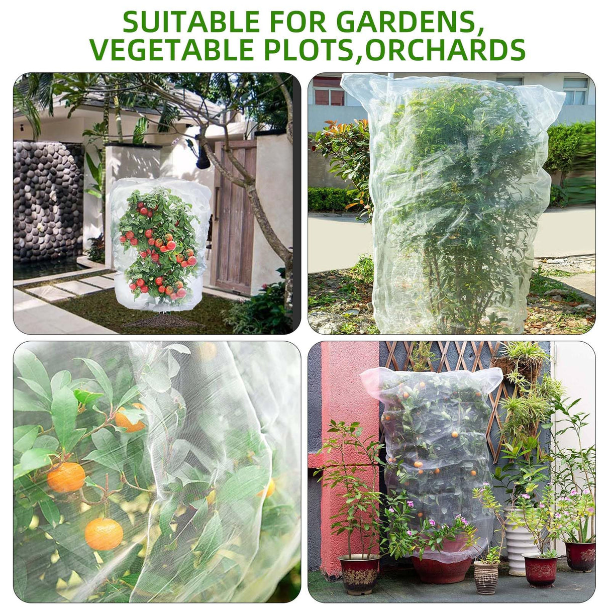 PDGROW Garden Mesh Netting for Plants, 4 Pack Insect Bird Barrier Netting Mesh with Drawstring, 3.3x4.9 FT Garden Bug Netting Plant Cover for Protect Fruit Tree Vegetable Flowe
