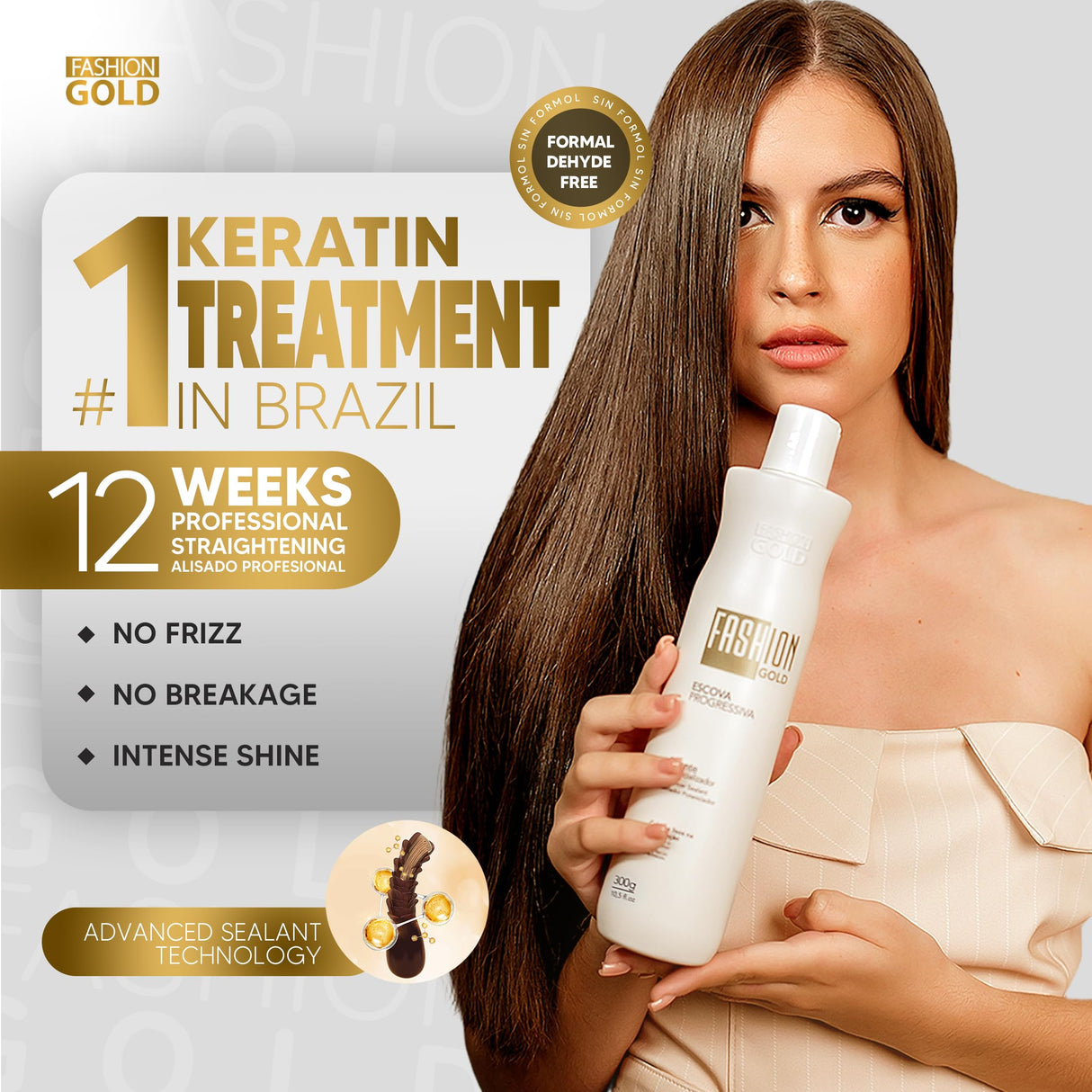 FASHION GOLD PROGRESSIVA 300g / 10.5oz | Brazilian Blowout Keratin Smoothing System | At-Home Professional Straightening Treatment | Reduces Frizz, Restores Shine, & Adds Strength | For All Hair Types