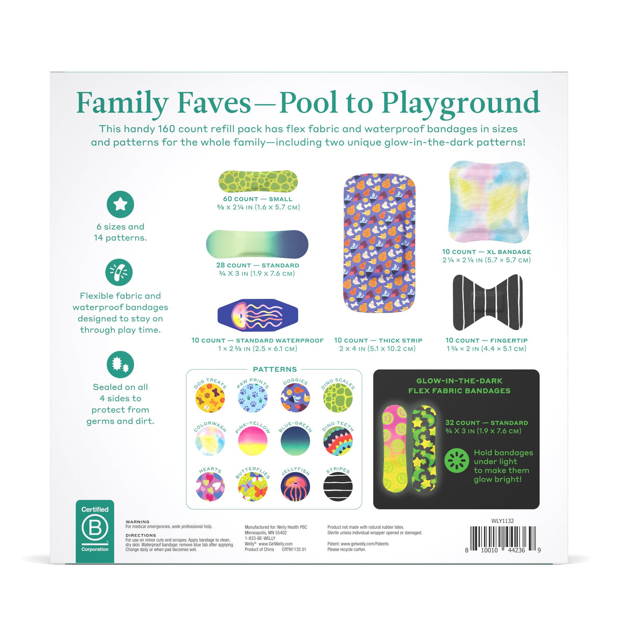 Welly Bandage Large Refill Pack | Adhesive Flexible Fabric, Glow-in-The-Dark & Waterproof Bandages | Assorted Shapes and Patterns for Minor Cuts, Scrapes, and Wounds - 160 Count