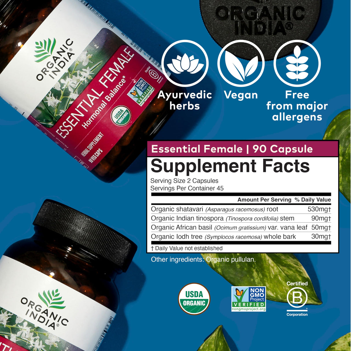 ORGANIC INDIA Essential Female Herbal Supplement - Hormonal Balance, Women's Formula, Reproductive Health, Adaptogen, Ayurvedic, USDA Certified Organic, Non-GMO - 90 Capsules