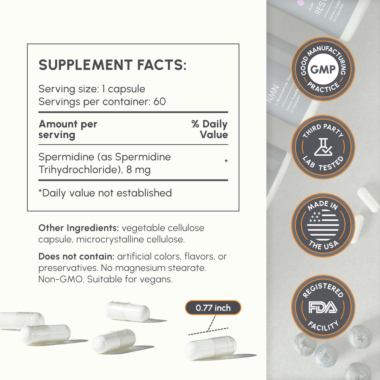 partiQlar Spermidine Supplement - 99% Purity - 8 mg per Capsule - 3rd Party Lab Tested - for Men & Women Cellular Renewal, Longevity - Made in USA - 60 Capsules
