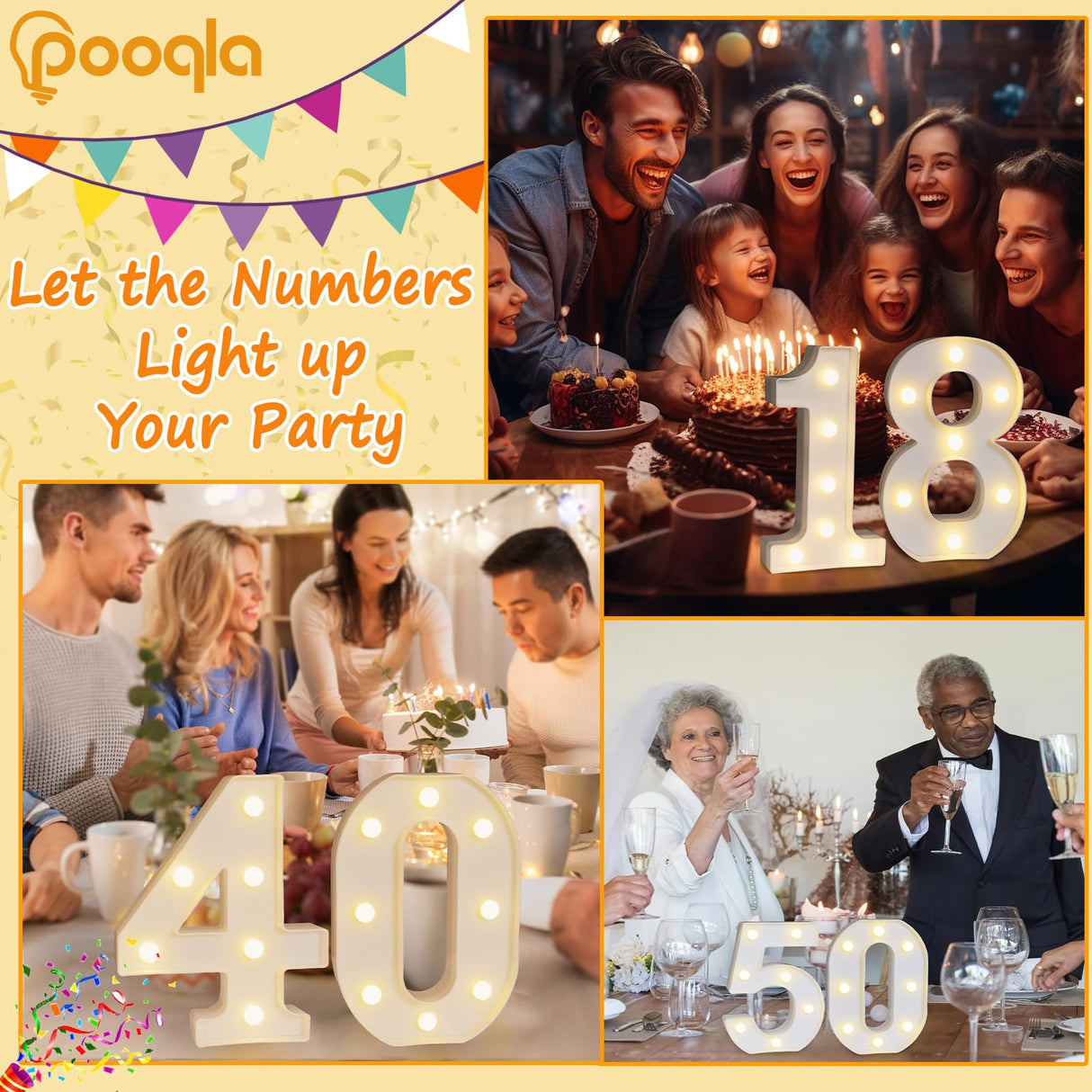 Pooqla Decorative LED Light Up Number Letters, White Plastic Marquee Number Lights Sign for 80th Birthday Party Wedding Decor, Battery Operated (80)