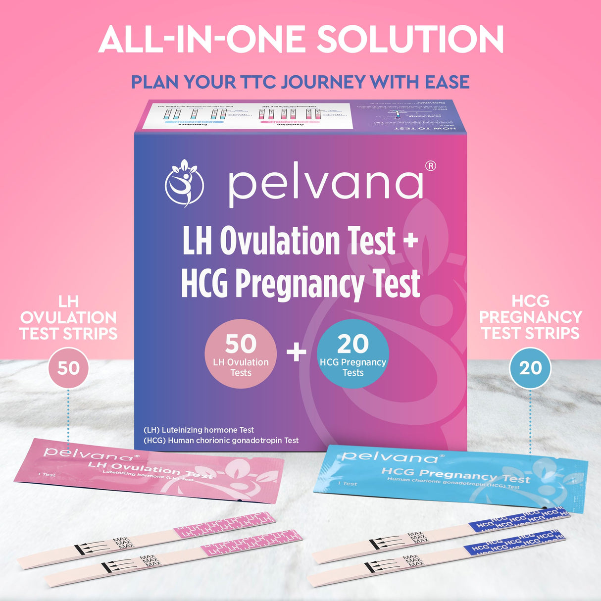 Pelvana 70 Ovulation and Pregnancy Test Strips Combo Kit - 50 LH Ovulation Test Strips + 20 HCG Pregnancy Tests - Identify Your Peak Fertility Days - Ideal for Women Trying to Get Pregnant Naturally
