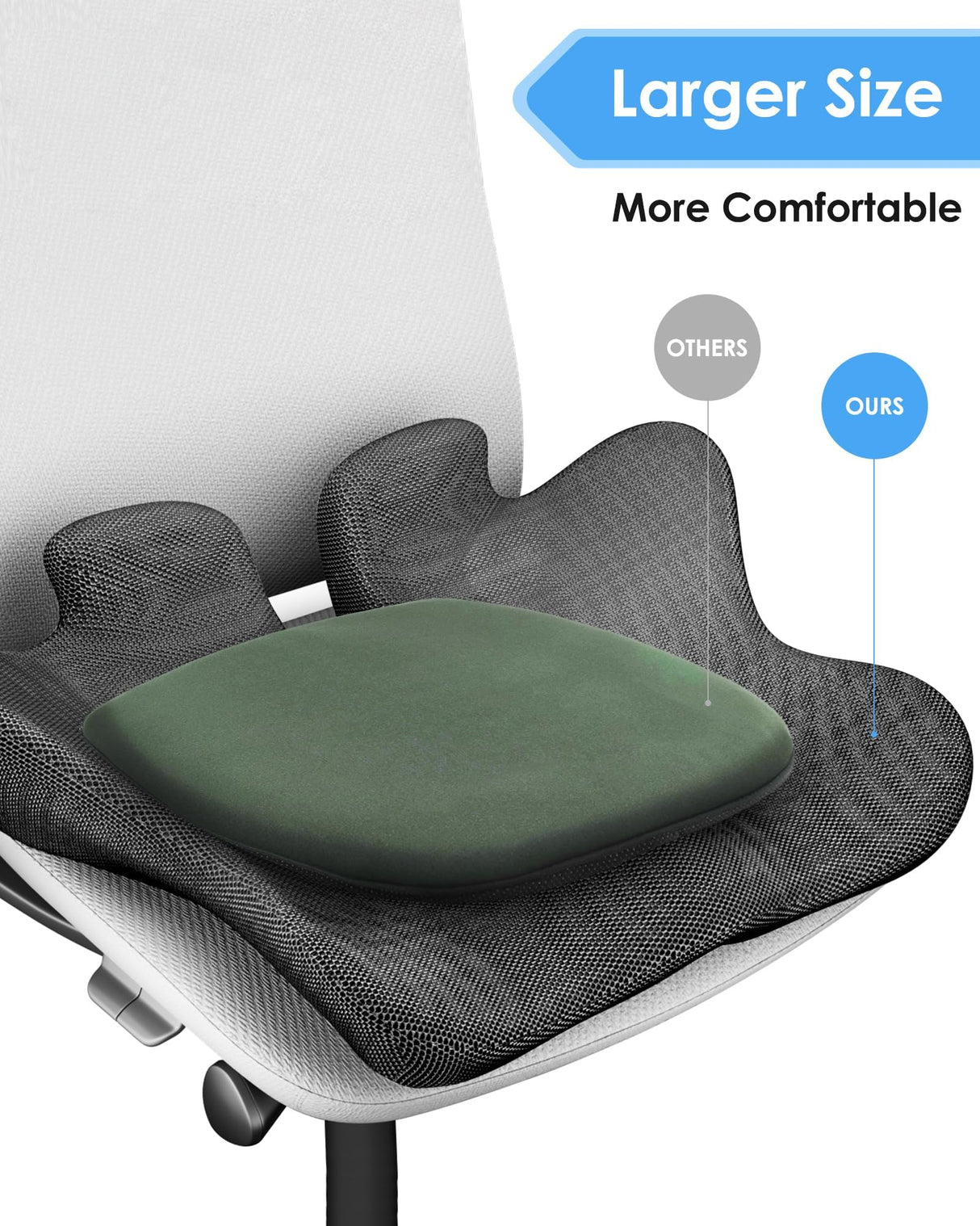 KFM 16" Large Memory Foam Seat Cushion Thick for Long Sitting Pressure Tailbone Pain Relief Height Adjustable with Retaining Strap for Office, Gaming Chair, Car, Wheelchair (Grey)