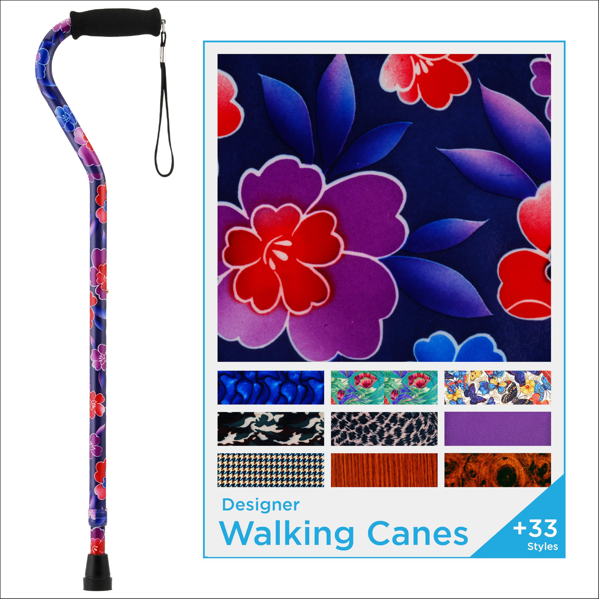Designer Walking Cane with Offset Handle, Lightweight Adjustable Walking Stick with Carrying Strap, “Maui Flowers Design