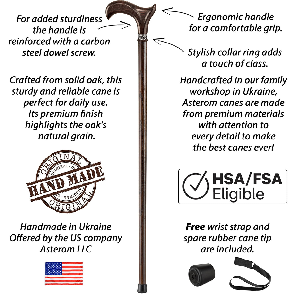 Asterom Walking Cane - Handmade, Ergonomic, Canes for Men - Wooden Walking Sticks for Seniors, Unique, Cool (Walnut, 36 Inches)