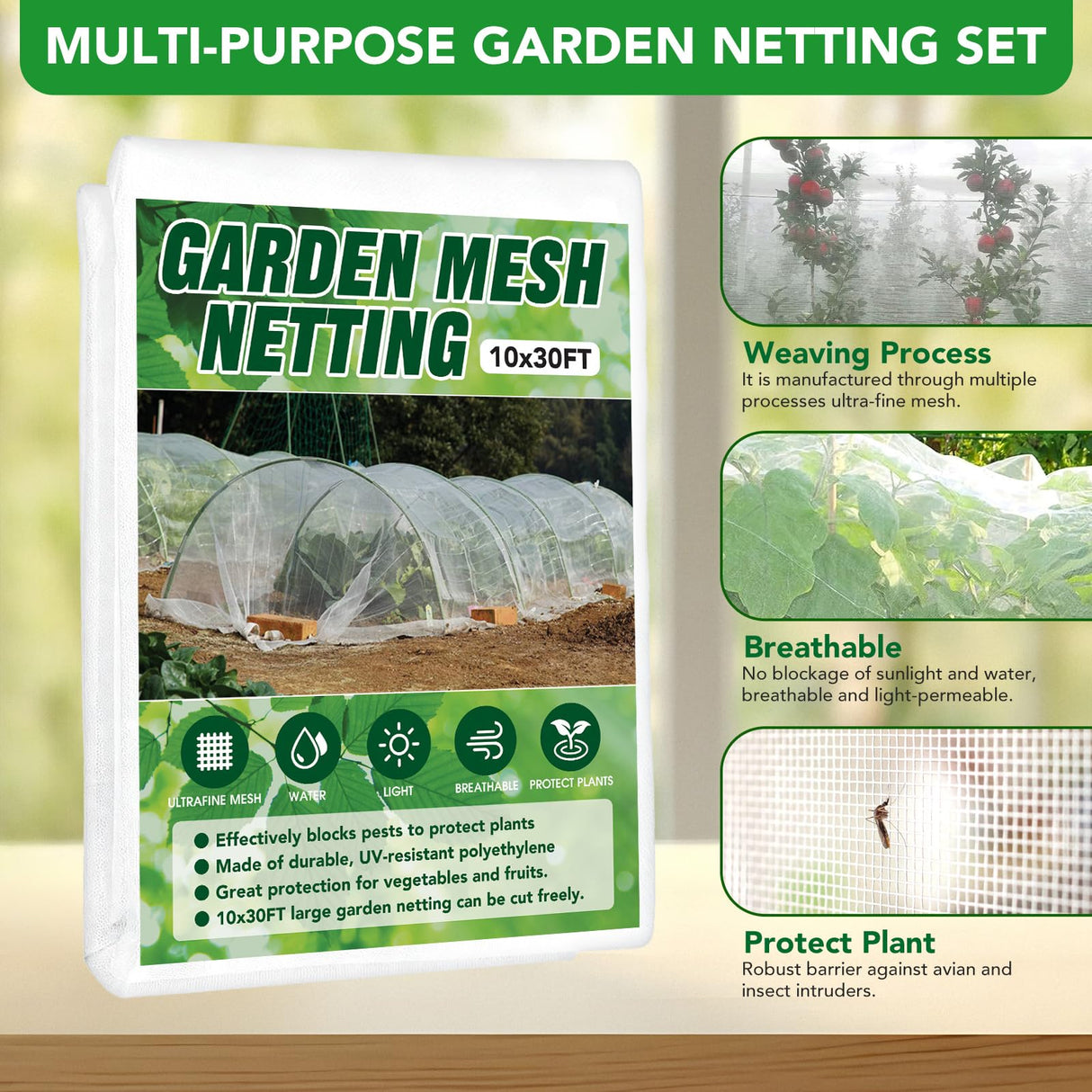 Garden Netting Kit for Raised Beds, 10x30FT Ultra Fine Mesh Netting &6 Sets Fiberglass Garden Hoops, Insect Netting for Garden Plant Row Cover Vegetable Flowers Protection Barrier