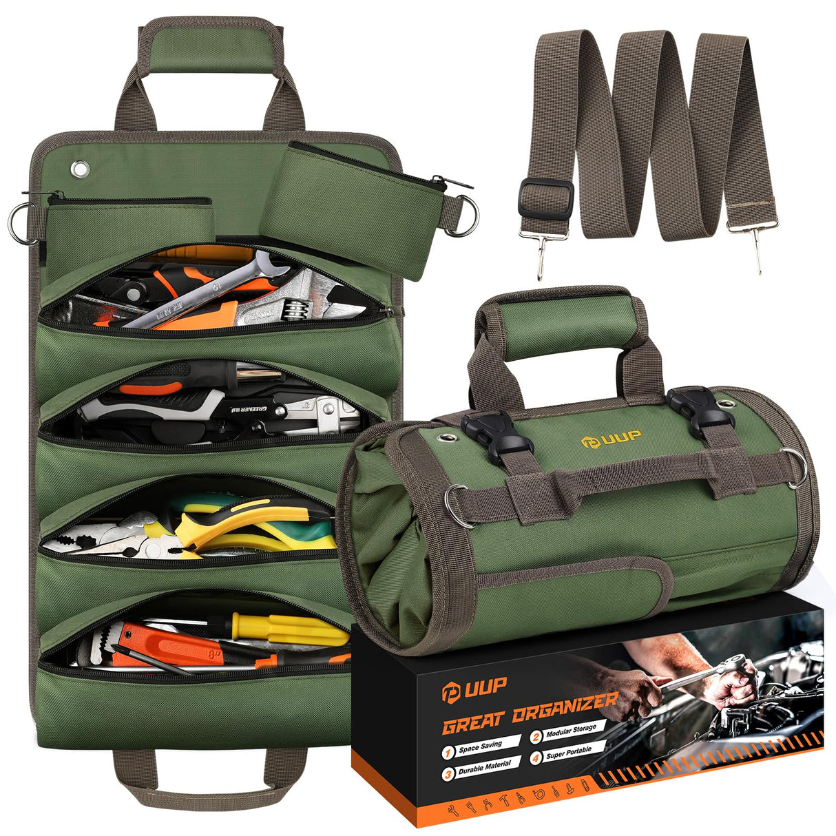 Tool Bag Roll Up, UUP Heavy Duty Portable Soft Tool Storage, Foldable Empty Rollup Organizer with Small Pockets, Official Rollable Toolbag, Father Day Gifts for Him Dad Men Mechanic Welding, Green