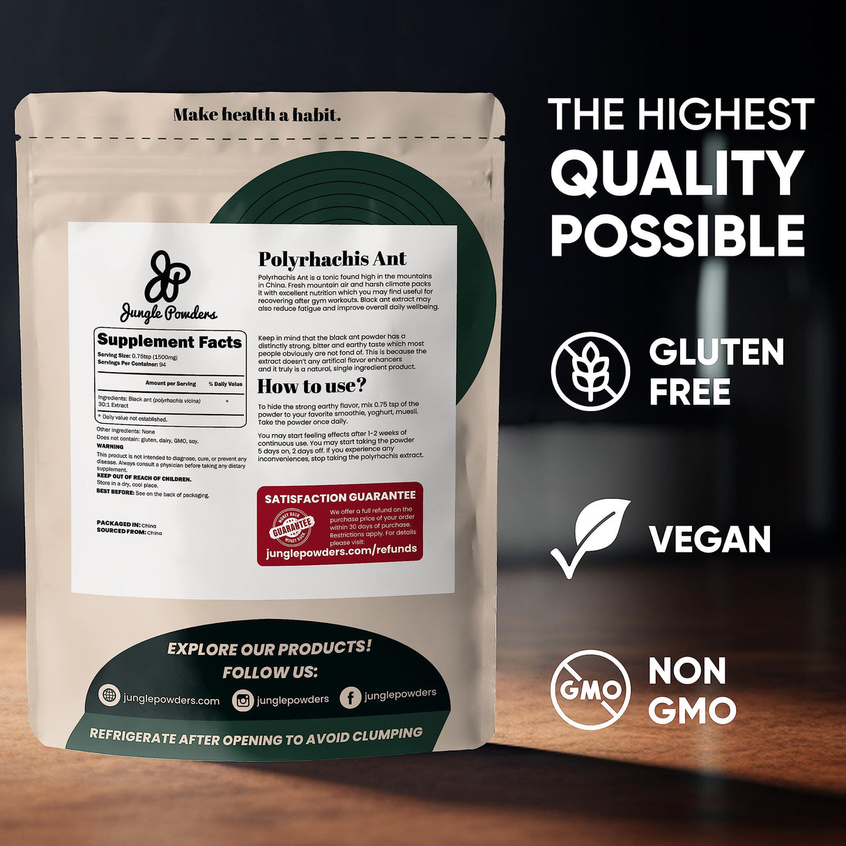 Jungle Powders Black Ant Extract Powder 30:1 Concentration, 94 Servings - 5 Ounces of Pure Polyrhachis Black Ant Supplement, Filler Free Changbai Mountain Ant Traditional Mens Health Support for Drive