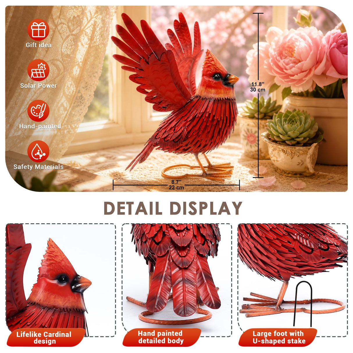 Nacome Cardinal Garden Decor Metal Yard: Art Outdoor Sculptures & Statues Large Red Bird Ornaments for Patio Balcony Front Backyard - Valentines Day Gifts for Her Wife Women Mom Grandma Birthday