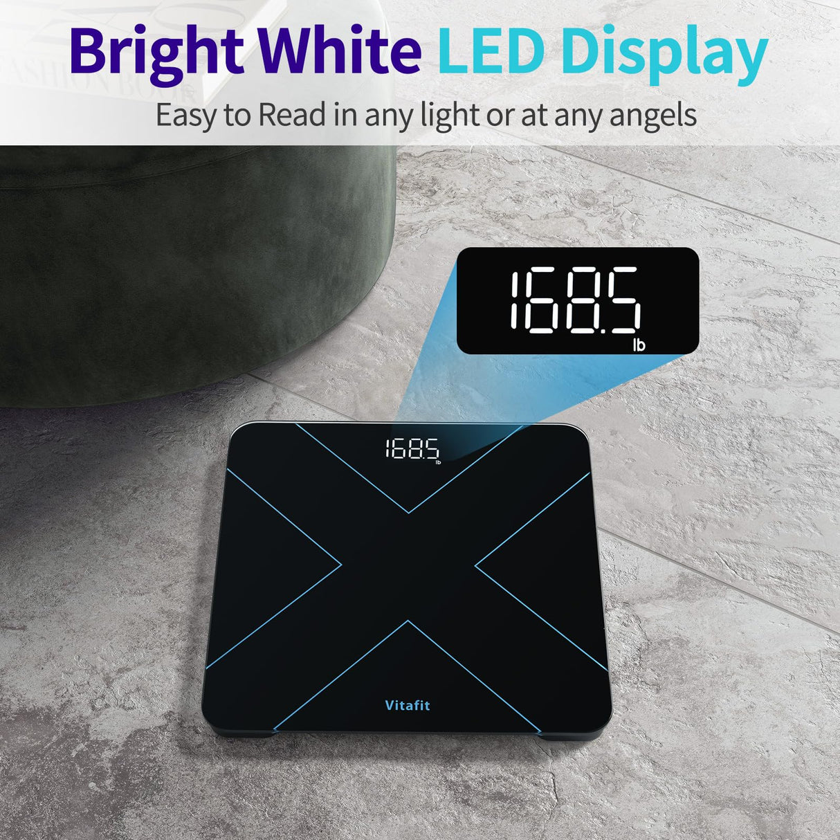 Vitafit Digital Bathroom Scale for Body Weight, Weight Scale Professional Factory Since 2001, White LED and Step-On, 3*AAA Batteries Included, 400lb/182kg, Black