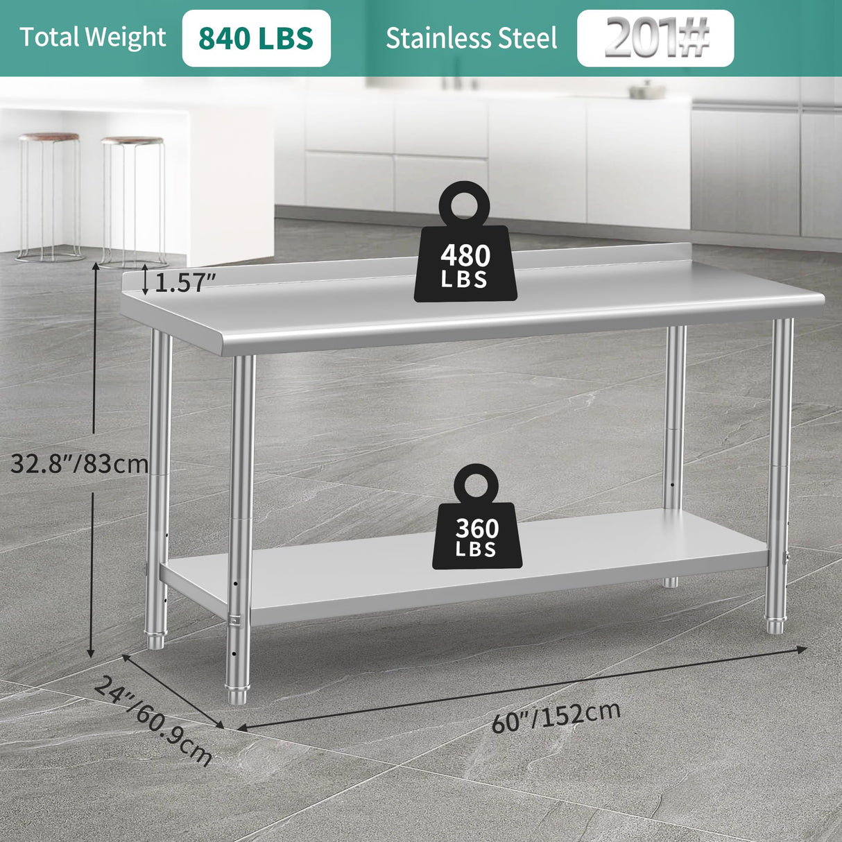 YITAHOME 60" x 24" Stainless Steel Table for Prep & Work with Backsplash, NSF Commercial Heavy Duty Table with Undershelf for Home Kitchen Restaurant Garage Warehouse