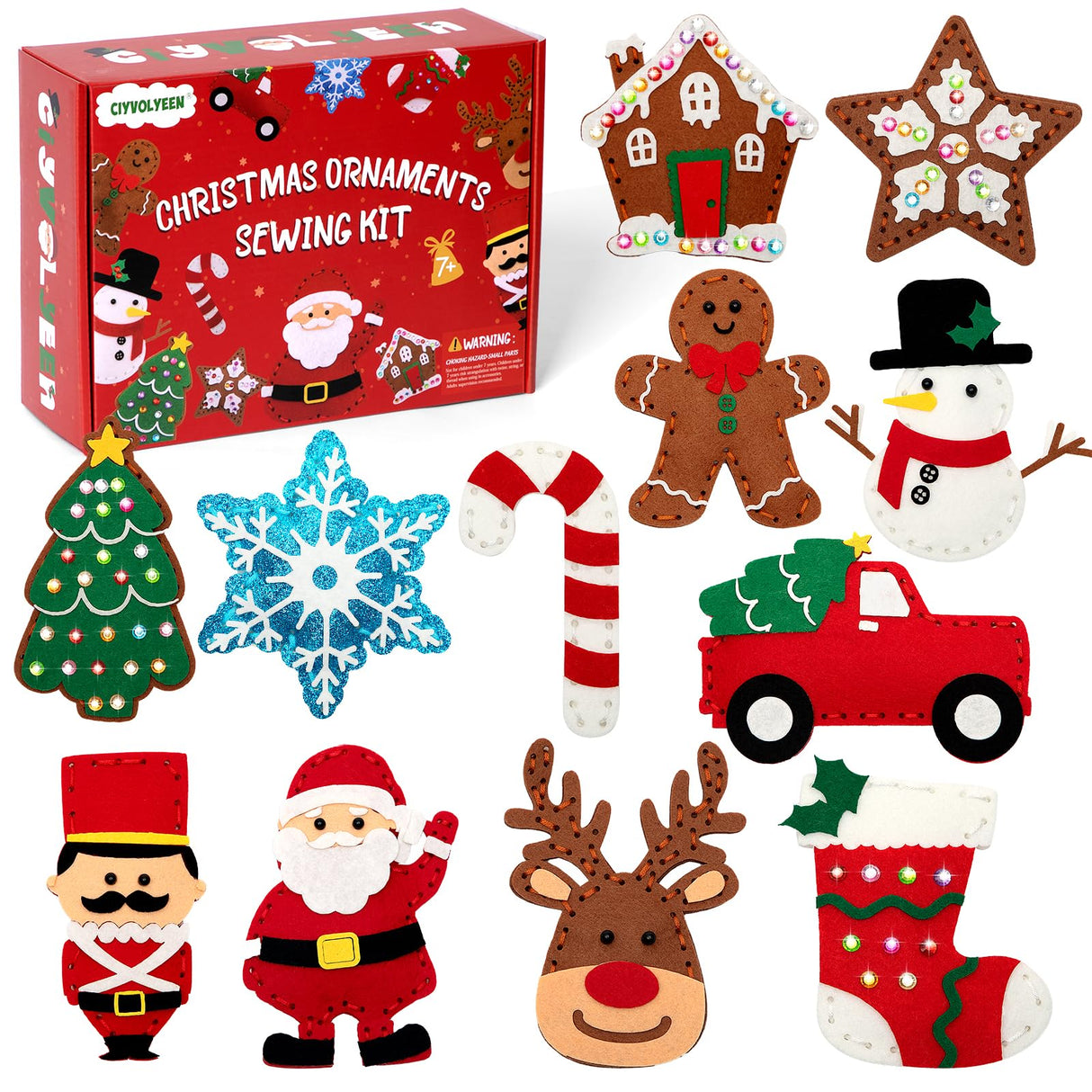 CiyvoLyeen Christmas Sewing Kit for Kids Felt Christmas Ornaments Craft Supplies DIY Activity for Girls and Boys Educational Sewing Gift for Child Set of 12