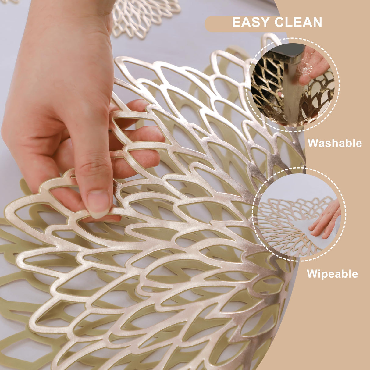 Snowkingdom Pack of 18 Gold Metallic Round Placemats Bulk Pressed Vinyl Leaf Dinning Kitchen Table Mats Decorations Setting for Christmas Wedding Thanksgiving Party Event Holiday Autumn Harvest