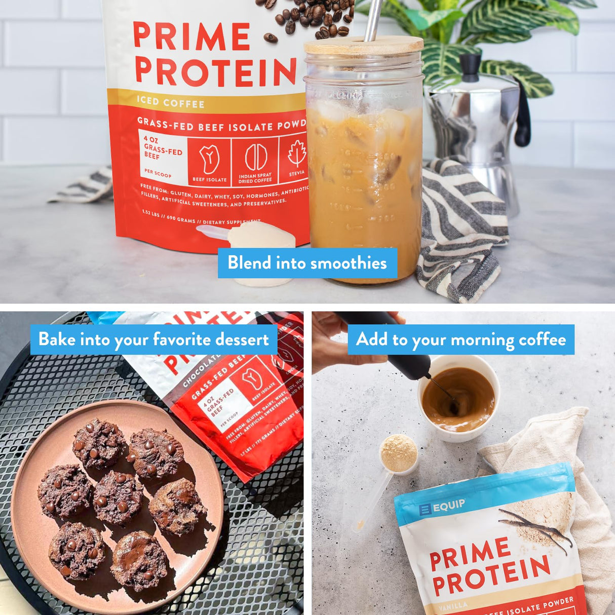 Equip Foods Prime Protein Powder | Clean, Grass Fed Beef Protein Isolate | Carnivore Protein Powder | Paleo, Keto Friendly | Gluten, Dairy Free | Helps Build & Repair Tissue | 30 Servings, Iced Coffee
