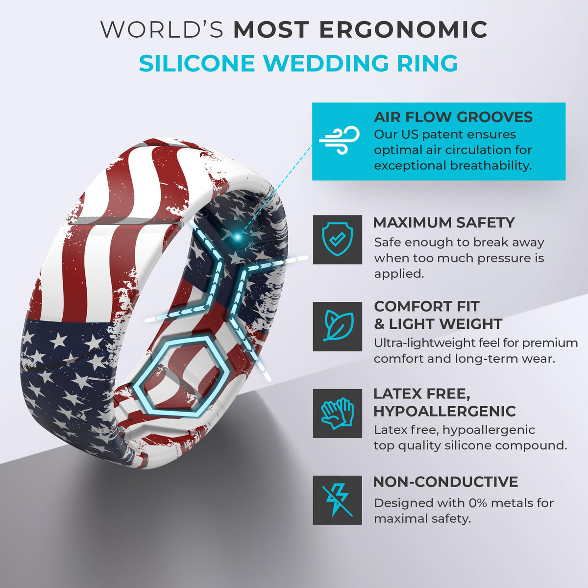 ThunderFit Silicone Wedding Rings for Men, Breathable Printed Design Rubber Engagement Bands 8mm Wide 2mm Thick (US Flag 2 - Size 9-9.5 (19.30mm))