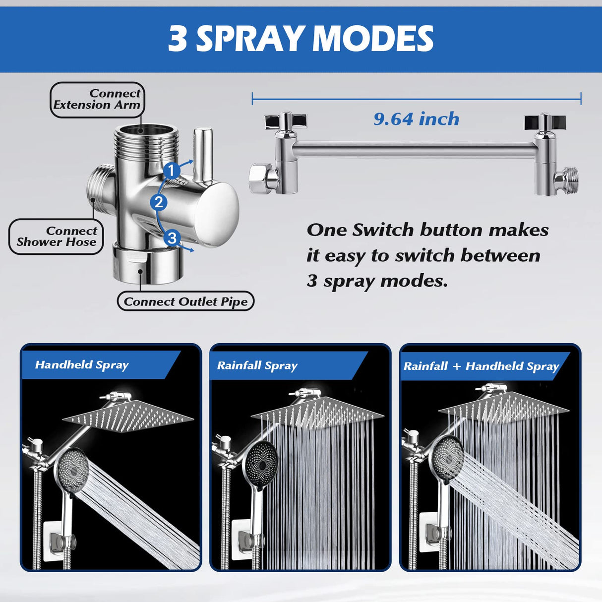 Shower Head,8”Rain Shower Head with Handheld Spray Combo with 11'' Angle Adjustable Extension Arm/Flow Regulator/Shower System,High Pressure Rainfall Shower Head Bathroom,Chrome