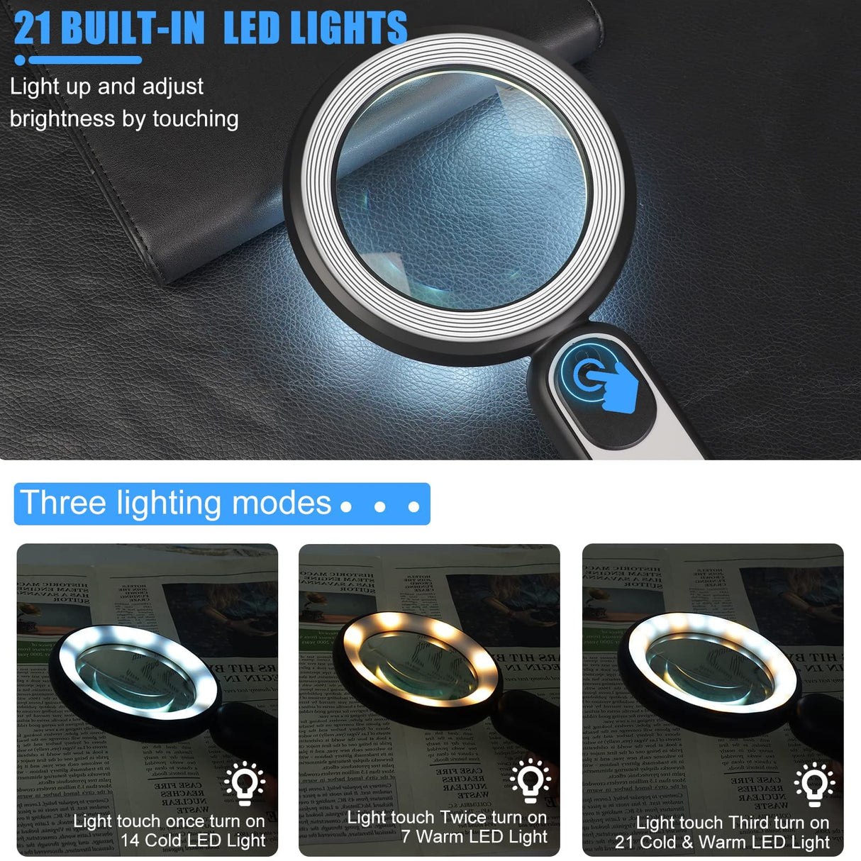 Rechargeable Magnifying Glass with Light, 30X 4.7IN Handheld Large Lightweight Lighted Magnify Len 21 LED 3 Modes Illuminated Book Magnifier forKids,Senior,Reading,Inspection,Coin,JewelryChristmasGift