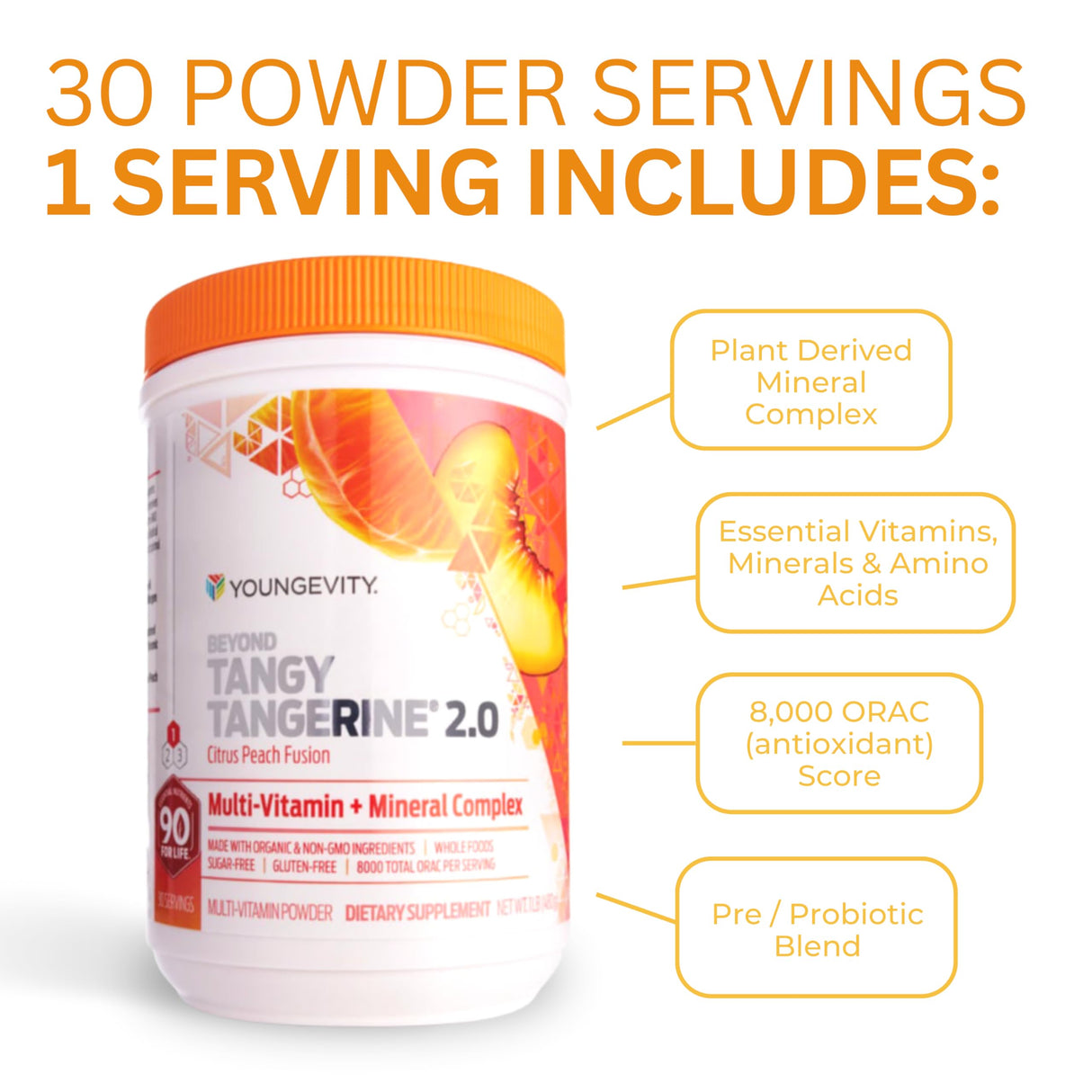 Youngevity Beyond Tangy Tangerine 2.0 Citrus Peach Fusion Multi-Vitamin & Mineral Complex - Made with Natural & Whole Foods | 8,000 ORAC