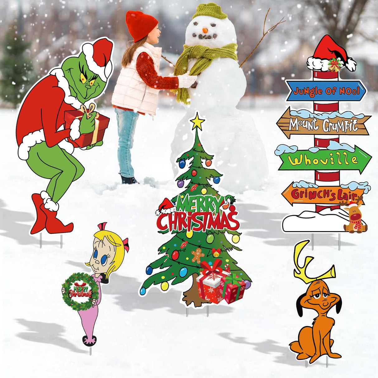 Large Christmas Yard Signs Outdoor-(With lights) 5PCS Whoville Christmas Decorations,Funny Green Monster Stealing Party Supplies Holiday Decorations