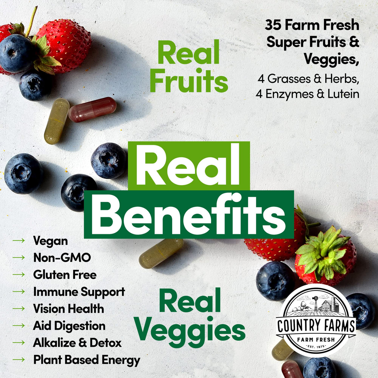 COUNTRY FARMS Super Fruits and Veggies Capsules, Whole Food Supplement, Powerful Antioxidant, Supports Energy, Immune Health, Boosts Digestive Health, 30 Organic Super Foods, 60 Servings, 2 Pack