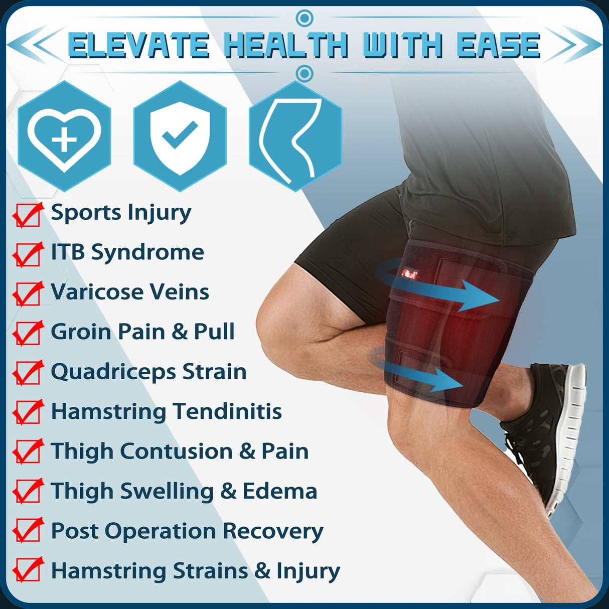 Hiball Adjustable Thigh Brace, Hamstring Compression Wrap, Thigh Compression Sleeve, Quad and Upper Leg Brace for Men & Women