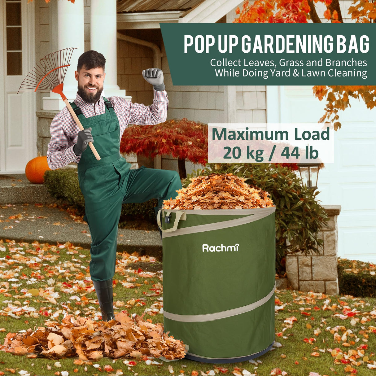 Rachmi 47 Gallon Collapsible Trash Can 2-Pack with Hard Bottom | Extra Large Reusable Yard Leaf Waste Bag Outdoor Pop Up Recycle Bin for Camping, Green