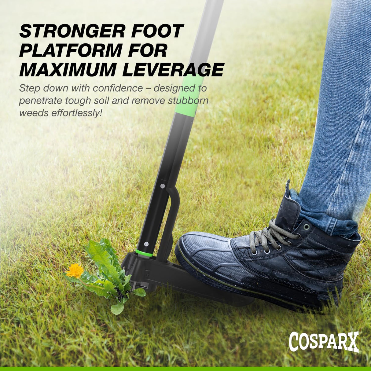 COSPARX Weed Puller Tool with Long 43” Handle, No Bending, Easy Eject – Removes Weeds Effortlessly, Sturdy Foot Pedal & Lightweight Aluminum - 4-Claw Hand Weeding Tool