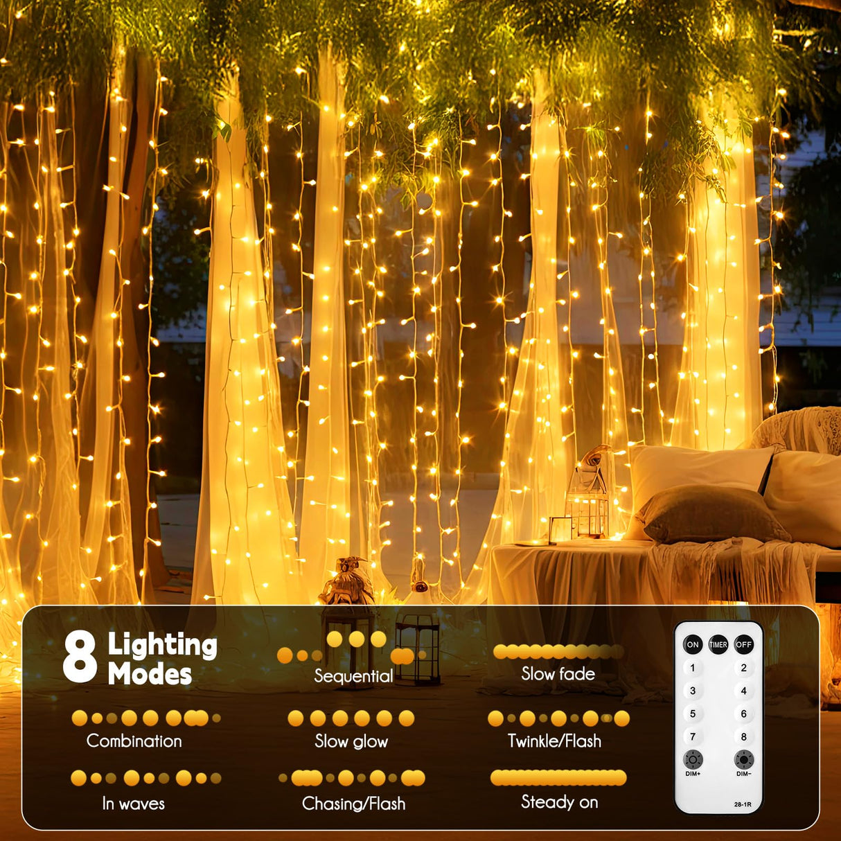 Brightown 300 LED Curtain String Lights, 9.8 FT Hanging Fairy Lights with Remote, 8 Modes, Connectable Waterproof Window Lights for Bedroom Backdrop Wedding Outdoor Christmas Party, Warm White