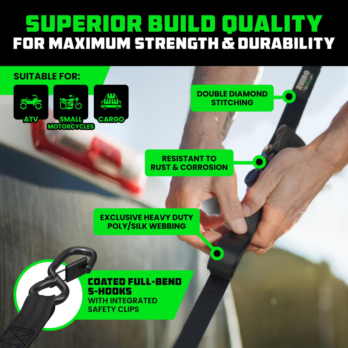 Rhino USA Retractable Ratchet Straps (2-Pack) - 1 Inch x 10 Feet (1,209lb Break Strength) - Auto Self Retracting Tie Down Straps for Truck, Cargo Trailer, Motorcycle, ATV, UTV - Black