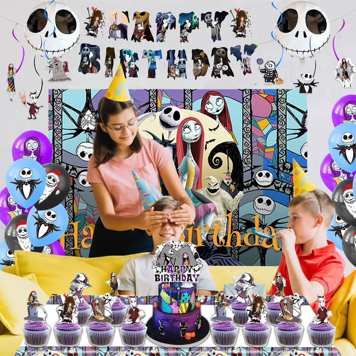 Favuit Birthday Decorations, Nightmare Christmas Party Supplies Halloween Birthday Party Decorations Set Includes Banner Balloons Tablecloth Backdrop Hanging Swirls Cake Toppers