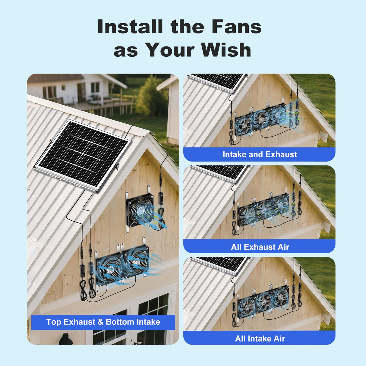 ZIZIWIN 5.5" Solar Chicken Coop Fan 3 Kit, 30W Solar Powered Greenhouse Fan, Solar Exhaust & Intake Fans Outdoor Waterproof, for Outside Shed Doghouse Ventilation Air Circulation Cooling, No Battery