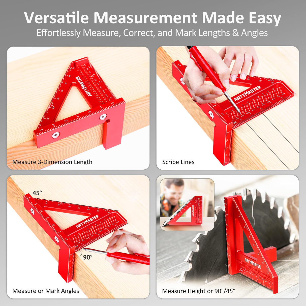 3.8"Mini 3D Multi-Angle Measuring Square Ruler, WT102A High Precision Hole Scribing Woodworking Tools, 0-90° Aluminum Alloy Carpenter Square Wood Working Tools, Carpenter Pencils 6 Refills.