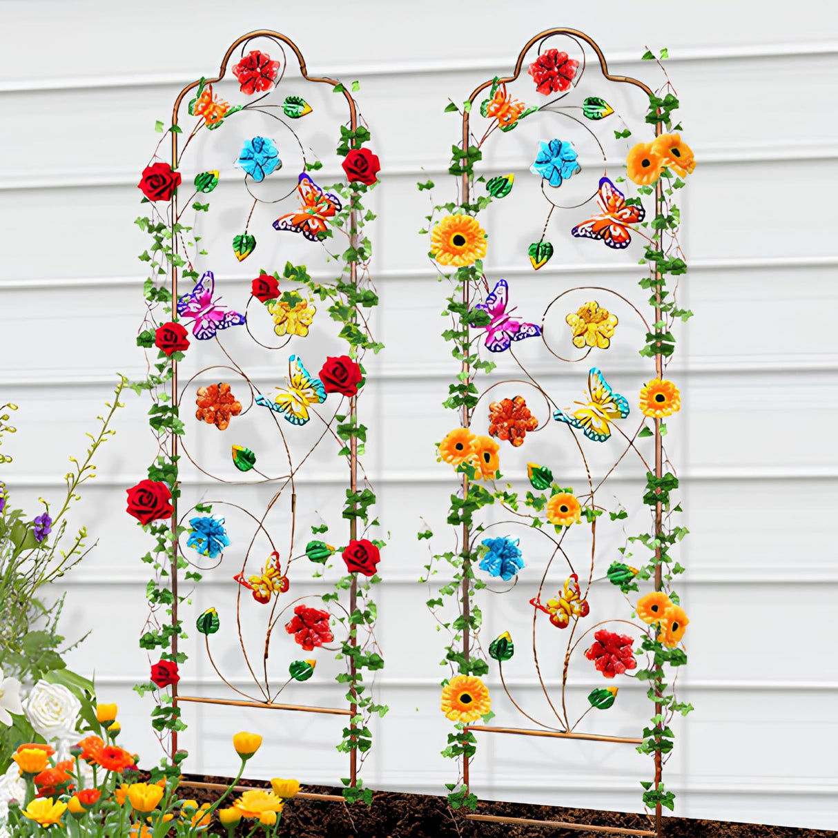 2 Pack Metal Garden Trellis Arched Fence Trellises for Climbing Plants Outdoor, Roses, Vines, Flowers, and Vegetables Support, 60'' H x 12'' W, Butterfly