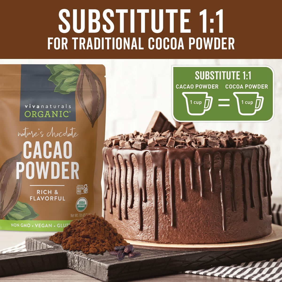 Organic Cacao Powder, Unsweetened, 1 lb (454 g) – Rich Dark Chocolate Flavor, Perfect for Baking, Smoothies & Hot Chocolate – Vegan, Keto, Paleo, Non-GMO & Gluten-Free Cocoa Powder