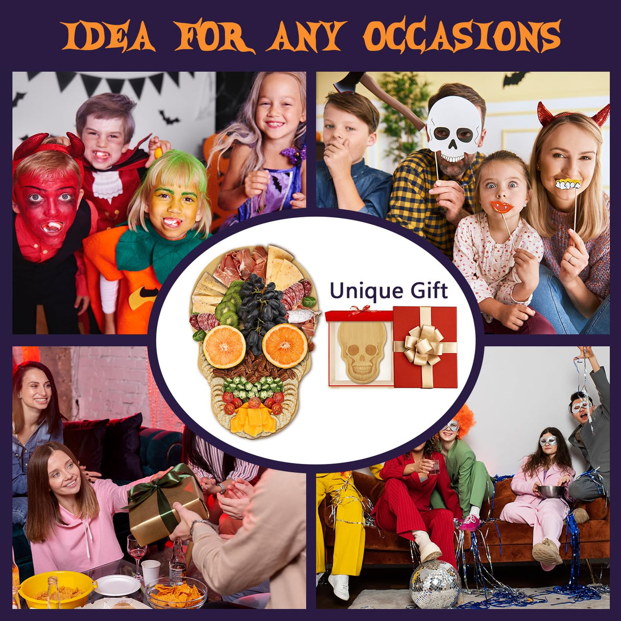 Funny Skull Aperitif Board XILAZAB Unique Large Bamboo Wood Halloween Charcuterie Cheese Cutting Board Spooky Skeleton Decorative Serving Platter Tray for Thanksgiving Christmas Housewarming Party