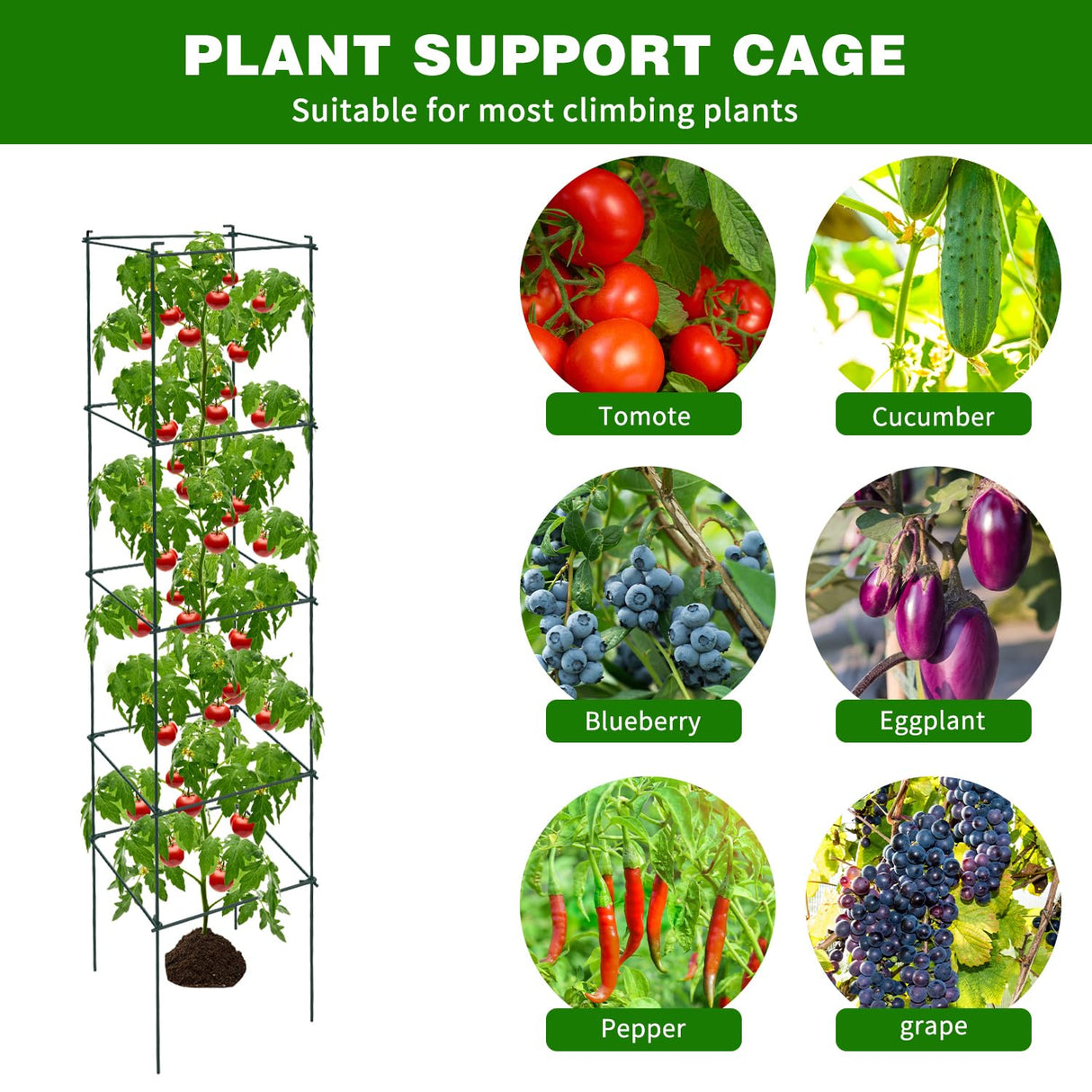 LAKNUAL 6 Packs Tomato Cages for Garden, 12"×12"×56" Plant Support Cage with Different Spacing, Green Metal Trellis for Climbing Plants Like Cucumber, Flowers