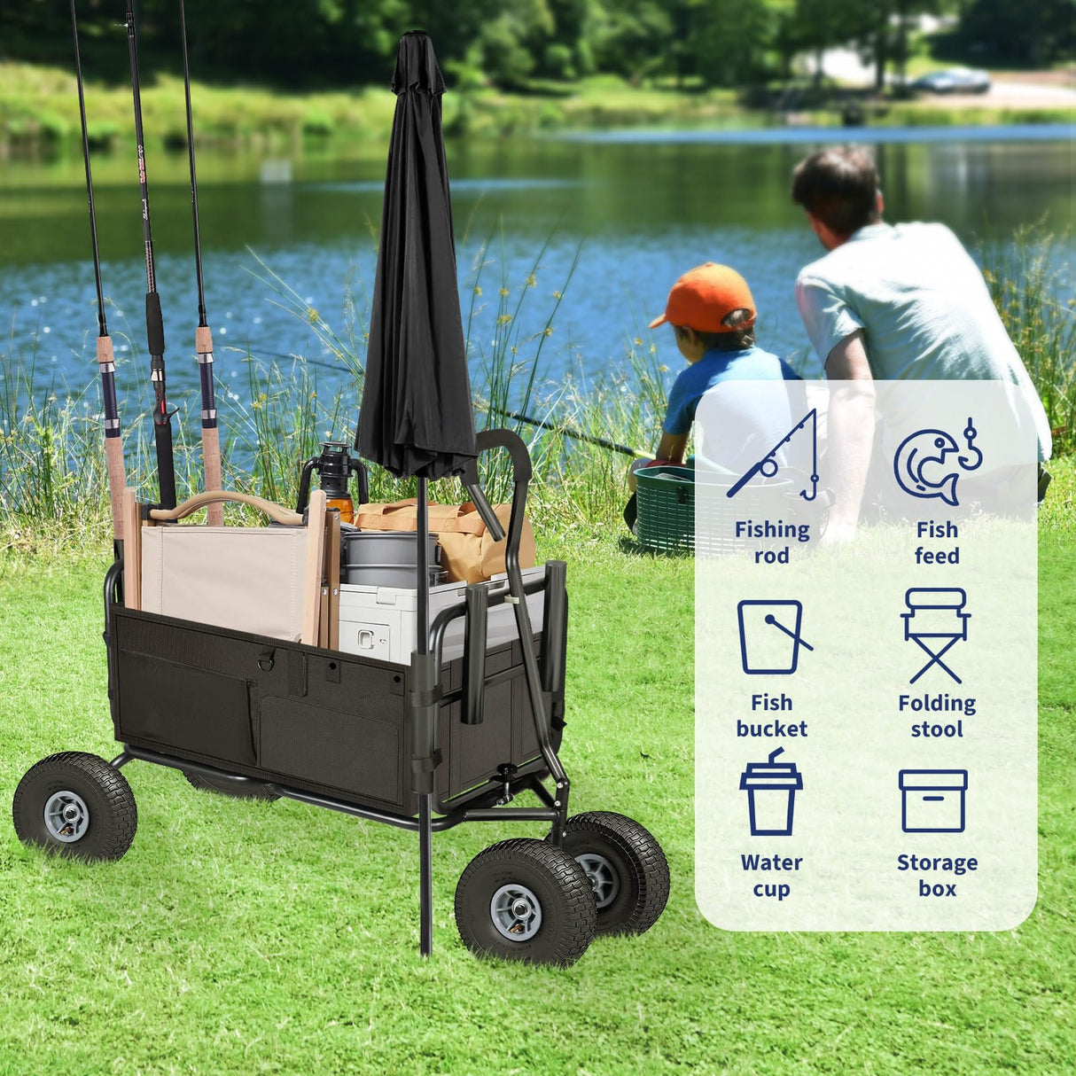 Polar Aurora Fishing Cart Beach Cart Collapsible Wagon w/11'' All-Terrain Wheels for Sand, Heavy Duty Garden Cart with Rod Holders,Umbrella Holder and Storage Pockets, 550lb Large Capacity