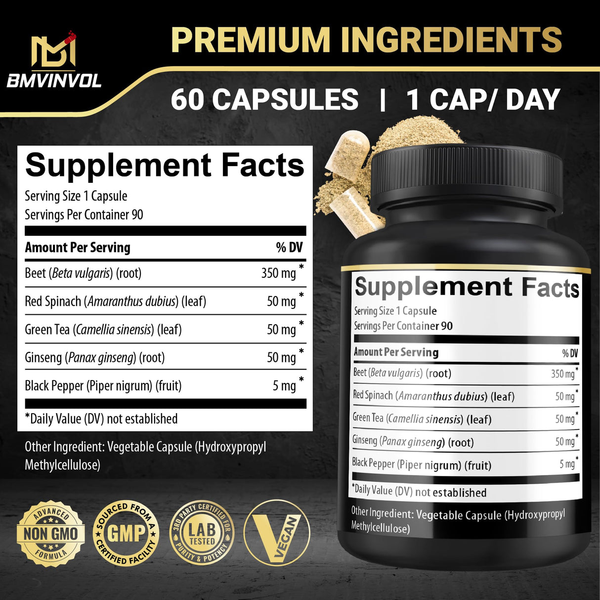 Beet Root Capsules - Green Tea, Red Spinach, Ginseng, Black Pepper - 90 Count - Supports Digestive, Immune System, Energy Levels - 3 Month Supply